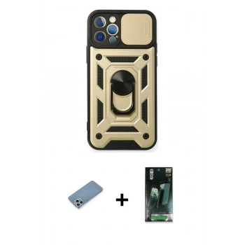 MARSİLYAN™- iPhone 12 Pro Kılıf Ahenk Klasik - Şeffaf 360 Full Body Arka Koruyucu + Shine Kamera Lens Koruma Cam - GS