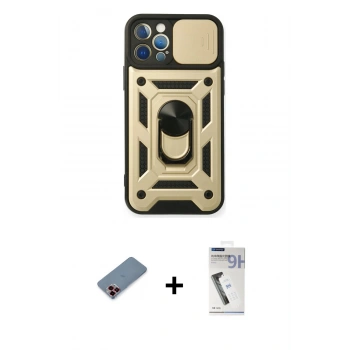MARSİLYAN™- iPhone 12 Pro Kılıf Ahenk Klasik - Şeffaf Uv Polymer Nano Ekran Koruyucu + Metal Kamera Lens Koruma Cam - KI