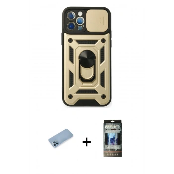 MARSİLYAN™- iPhone 12 Pro Kılıf Ahenk Klasik - Siyah 34D Hayalet Izgaralı Cam + Shine Kamera Lens Koruma Cam - MI