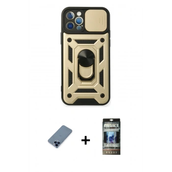 MARSİLYAN™- iPhone 12 Pro Kılıf Ahenk Klasik - Siyah 34D Hayalet Izgaralı Cam + Metal Kamera Lens Koruma Cam - MI