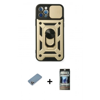 MARSİLYAN™- iPhone 12 Pro Kılıf Ahenk Klasik - Siyah 34D Hayalet Izgaralı Cam + Shine Kamera Lens Koruma Cam - GI