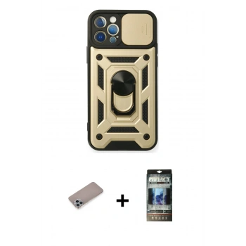 MARSİLYAN™- iPhone 12 Pro Kılıf Ahenk Klasik - Siyah 34D Hayalet Izgaralı Cam + Shine Kamera Lens Koruma Cam - SABE