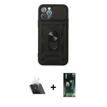 MARSİLYAN™- iPhone 12 Pro Kılıf Ahenk Klasik - Siyah 360 Mat Full Body Arka Koruyucu + Kamera Lens Koruma Cam - SF