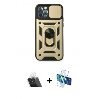 MARSİLYAN™- iPhone 12 Pro Kılıf Ahenk Klasik - Siyah 3D Antistatik Cam Ekran Koruyucu + Kamera Lens Koruma Cam - SF