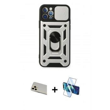MARSİLYAN™- iPhone 12 Pro Kılıf Ahenk Klasik - Siyah 3D Antistatik Cam Ekran Koruyucu + Rainbow Kamera Lens Koruma Cam - GD