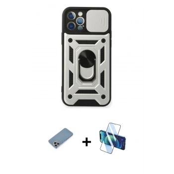 MARSİLYAN™- iPhone 12 Pro Kılıf Ahenk Klasik - Siyah 3D Antistatik Cam Ekran Koruyucu + Shine Kamera Lens Koruma Cam - GI