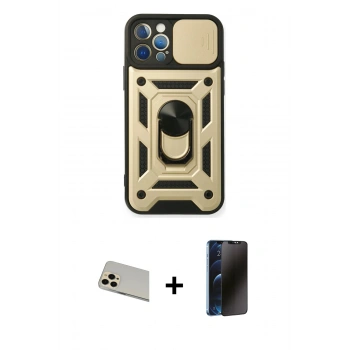 MARSİLYAN™- iPhone 12 Pro Kılıf Ahenk Klasik - Siyah 3D Antistatik Hayalet Cam Ekran Koruyucu + Rainbow Kamera Lens Koruma Cam - GD