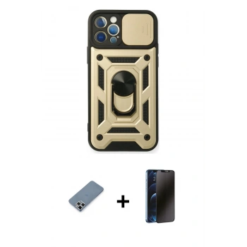 MARSİLYAN™- iPhone 12 Pro Kılıf Ahenk Klasik - Siyah 3D Antistatik Hayalet Cam Ekran Koruyucu + Metal Kamera Lens Koruma Cam - GS