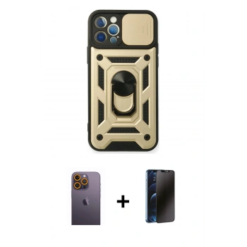 MARSİLYAN™- iPhone 12 Pro Kılıf Ahenk Klasik - Siyah 3D Antistatik Hayalet Cam Ekran Koruyucu + Neon Fosforlu Kamera Lens - SI