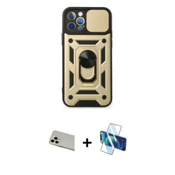 MARSİLYAN™- iPhone 12 Pro Kılıf Ahenk Klasik - Siyah 3D Antistatik Seramik Nano Ekran Koruyucu + Rainbow Kamera Lens Koruma Cam - GD