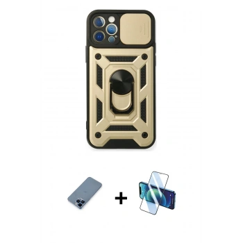 MARSİLYAN™- iPhone 12 Pro Kılıf Ahenk Klasik - Siyah 3D Antistatik Seramik Nano Ekran Koruyucu + Metal Kamera Lens Koruma Cam - MI