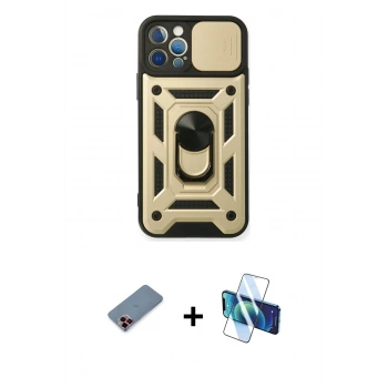 MARSİLYAN™- iPhone 12 Pro Kılıf Ahenk Klasik - Siyah 3D Antistatik Seramik Nano Ekran Koruyucu + Metal Kamera Lens Koruma Cam - KI