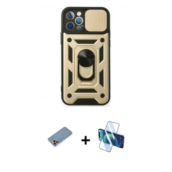 MARSİLYAN™- iPhone 12 Pro Kılıf Ahenk Klasik - Siyah 3D Antistatik Seramik Nano Ekran Koruyucu + Shine Kamera Lens Koruma Cam - PE