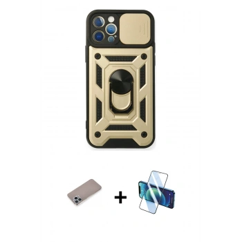 MARSİLYAN™- iPhone 12 Pro Kılıf Ahenk Klasik - Siyah 3D Antistatik Seramik Nano Ekran Koruyucu + Shine Kamera Lens Koruma Cam - SABE