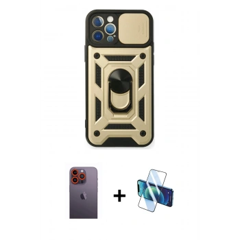 MARSİLYAN™- iPhone 12 Pro Kılıf Ahenk Klasik - Siyah 3D Antistatik Seramik Nano Ekran Koruyucu + Neon Fosforlu Kamera Lens - TU