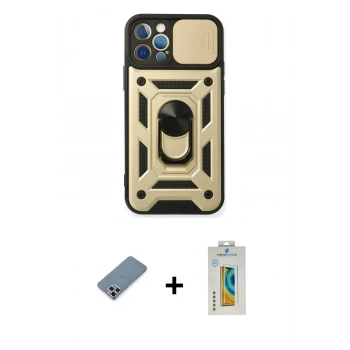 MARSİLYAN™- iPhone 12 Pro Kılıf Ahenk Klasik - Siyah Polymer Nano Ekran Koruyucu + Metal Kamera Lens Koruma Cam - GS