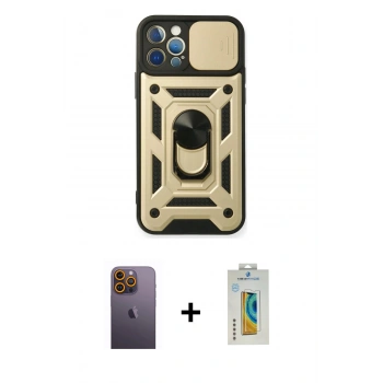 MARSİLYAN™- iPhone 12 Pro Kılıf Ahenk Klasik - Siyah Polymer Nano Ekran Koruyucu + Neon Fosforlu Kamera Lens - SI