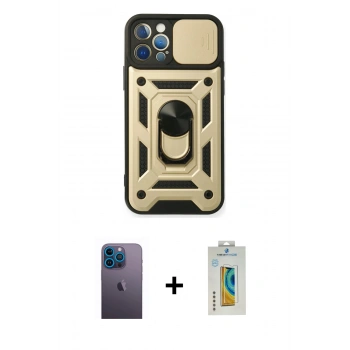 MARSİLYAN™- iPhone 12 Pro Kılıf Ahenk Klasik - Siyah Polymer Nano Ekran Koruyucu + Neon Fosforlu Kamera Lens - MI