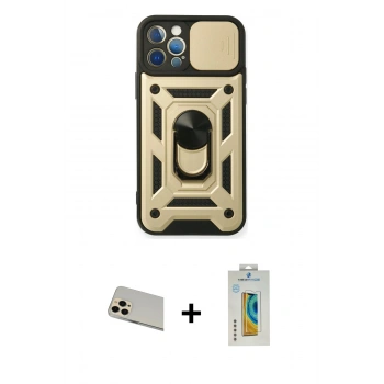MARSİLYAN™- iPhone 12 Pro Kılıf Ahenk Klasik - Siyah Polymer Nano Ekran Koruyucu + Rainbow Kamera Lens Koruma Cam - GD