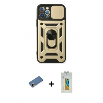 MARSİLYAN™- iPhone 12 Pro Kılıf Ahenk Klasik - Siyah Polymer Nano Ekran Koruyucu + Shine Kamera Lens Koruma Cam - GD