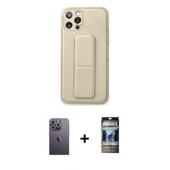 MARSİLYAN™- iPhone 12 Pro Kılıf Akış Doku - Siyah 34D Hayalet Izgaralı Cam + Neon Fosforlu Kamera Lens - BZ