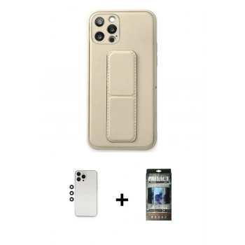 MARSİLYAN™- iPhone 12 Pro Kılıf Akış Doku - Siyah 34D Hayalet Izgaralı Cam + Shine Kamera Lens - GS
