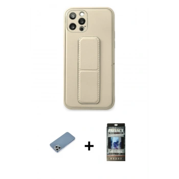 MARSİLYAN™- iPhone 12 Pro Kılıf Akış Doku - Siyah 34D Hayalet Izgaralı Cam + Shine Kamera Lens Koruma Cam - GS