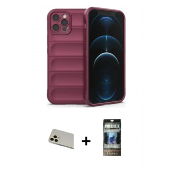 MARSİLYAN™- iPhone 12 Pro Kılıf Atlas Koleksiyonu - Siyah 34D Hayalet Izgaralı Cam + Rainbow Kamera Lens Koruma Cam - GD