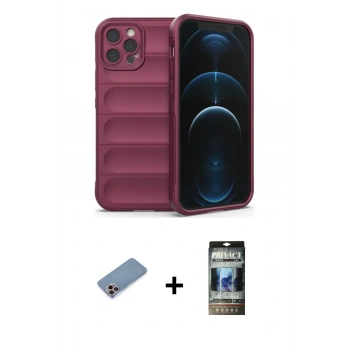 MARSİLYAN™- iPhone 12 Pro Kılıf Atlas Koleksiyonu - Siyah 34D Hayalet Izgaralı Cam + Shine Kamera Lens Koruma Cam - PE