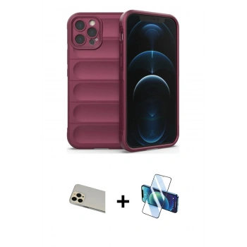 MARSİLYAN™- iPhone 12 Pro Kılıf Atlas Koleksiyonu - Siyah 3D Antistatik Cam Ekran Koruyucu + Rainbow Kamera Lens Koruma Cam - GD