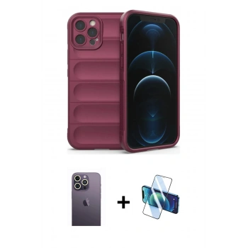 MARSİLYAN™- iPhone 12 Pro Kılıf Atlas Koleksiyonu - Siyah 3D Antistatik Seramik Nano Ekran Koruyucu + Neon Fosforlu Kamera Lens - BZ