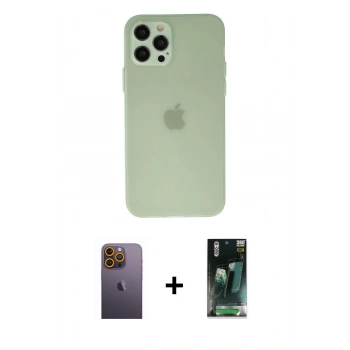 MARSİLYAN™- iPhone 12 Pro Kılıf Atlas Minimal Prime - Şeffaf 360 Full Body Arka Koruyucu + Neon Fosforlu Kamera Lens - SI