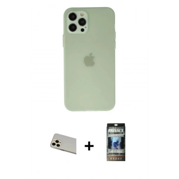 MARSİLYAN™- iPhone 12 Pro Kılıf Atlas Minimal Prime - Siyah 34D Hayalet Izgaralı Cam + Rainbow Kamera Lens Koruma Cam - GD