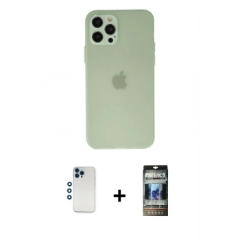 MARSİLYAN™- iPhone 12 Pro Kılıf Atlas Minimal Prime - Siyah 34D Hayalet Izgaralı Cam + Shine Kamera Lens - MI