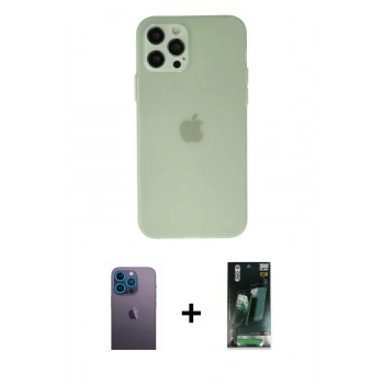 MARSİLYAN™- iPhone 12 Pro Kılıf Atlas Minimal Prime - Siyah 360 Mat Full Body Arka Koruyucu + Neon Fosforlu Kamera Lens - MI