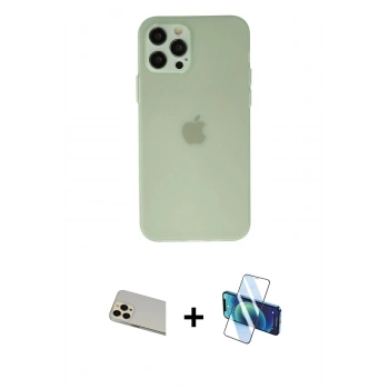 MARSİLYAN™- iPhone 12 Pro Kılıf Atlas Minimal Prime - Siyah 3D Antistatik Cam Ekran Koruyucu + Rainbow Kamera Lens Koruma Cam - GD