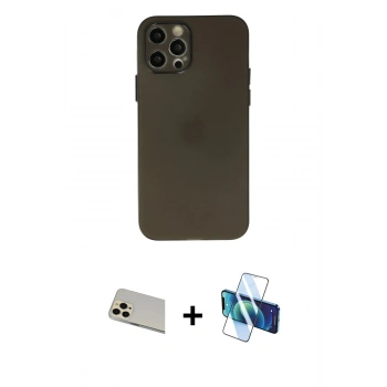 MARSİLYAN™- iPhone 12 Pro Kılıf Atlas Minimal Prime - Siyah 3D Antistatik Seramik Nano Ekran Koruyucu + Rainbow Kamera Lens Koruma Cam - GD