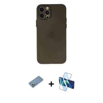 MARSİLYAN™- iPhone 12 Pro Kılıf Atlas Minimal Prime - Siyah 3D Antistatik Seramik Nano Ekran Koruyucu + Shine Kamera Lens Koruma Cam - GS