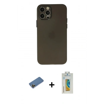 MARSİLYAN™- iPhone 12 Pro Kılıf Atlas Minimal Prime - Siyah Polymer Nano Ekran Koruyucu + Shine Kamera Lens Koruma Cam - GD