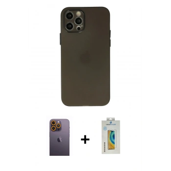 MARSİLYAN™- iPhone 12 Pro Kılıf Atlas Minimal Prime - Siyah Polymer Nano Ekran Koruyucu + Neon Fosforlu Kamera Lens - SI