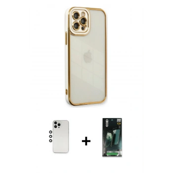 MARSİLYAN™- iPhone 12 Pro Kılıf Çekirdek Klasik Serisi - Şeffaf 360 Full Body Arka Koruyucu + Shine Kamera Lens - GS