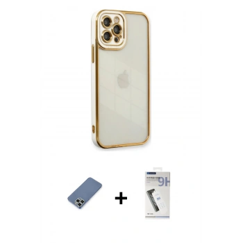 MARSİLYAN™- iPhone 12 Pro Kılıf Çekirdek Klasik Serisi - Şeffaf Uv Polymer Nano Ekran Koruyucu + Metal Kamera Lens Koruma Cam - AKYL