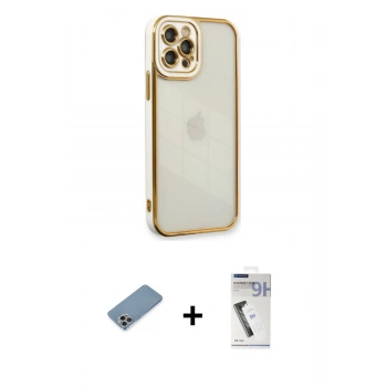 MARSİLYAN™- iPhone 12 Pro Kılıf Çekirdek Klasik Serisi - Şeffaf Uv Polymer Nano Ekran Koruyucu + Shine Kamera Lens Koruma Cam - GI