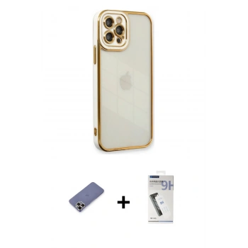 MARSİLYAN™- iPhone 12 Pro Kılıf Çekirdek Klasik Serisi - Şeffaf Uv Polymer Nano Ekran Koruyucu + Metal Kamera Lens Koruma Cam - GD