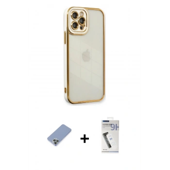 MARSİLYAN™- iPhone 12 Pro Kılıf Çekirdek Klasik Serisi - Şeffaf Uv Polymer Nano Ekran Koruyucu + Metal Kamera Lens Koruma Cam - KUYL