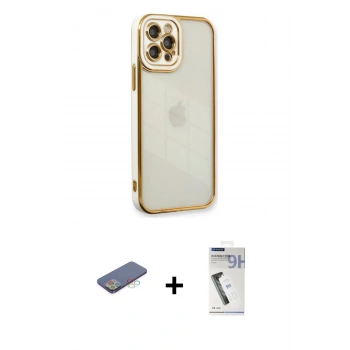 MARSİLYAN™- iPhone 12 Pro Kılıf Çekirdek Klasik Serisi - Şeffaf Uv Polymer Nano Ekran Koruyucu + Renkli Kamera Lens Koruma Cam - MI