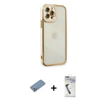 MARSİLYAN™- iPhone 12 Pro Kılıf Çekirdek Klasik Serisi - Şeffaf Uv Polymer Nano Ekran Koruyucu + Shine Kamera Lens Koruma Cam - GS