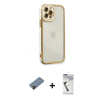 MARSİLYAN™- iPhone 12 Pro Kılıf Çekirdek Klasik Serisi - Şeffaf Uv Polymer Nano Ekran Koruyucu + Shine Kamera Lens Koruma Cam - SH