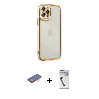 MARSİLYAN™- iPhone 12 Pro Kılıf Çekirdek Klasik Serisi - Şeffaf Uv Polymer Nano Ekran Koruyucu + Renkli Kamera Lens Koruma Cam - TU