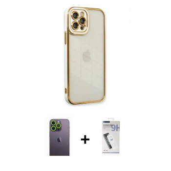 MARSİLYAN™- iPhone 12 Pro Kılıf Çekirdek Klasik Serisi - Şeffaf Uv Polymer Nano Ekran Koruyucu + Neon Fosforlu Kamera Lens - YL